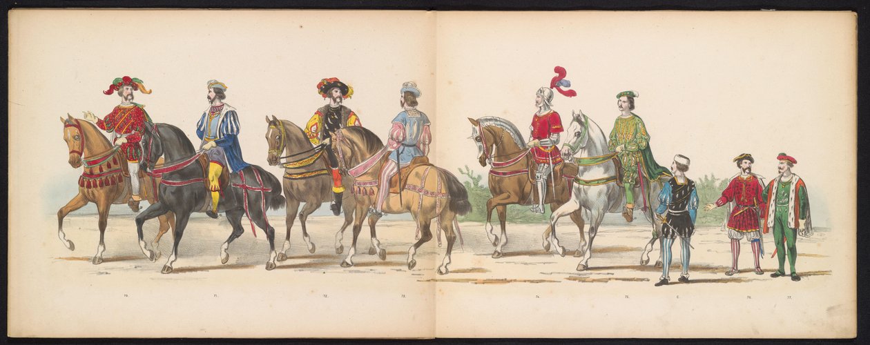 Masquerade of the Leiden Students, 1855 (skylt 9) Klädd procession som hölls av medlemmarna i Leidens studentkår den 12 juni 1855, för att fira 280-årsjubileet av Leidsche Hoogeschool, som skildrar Karl V:s inträde i av Gerardus Johannes Bos