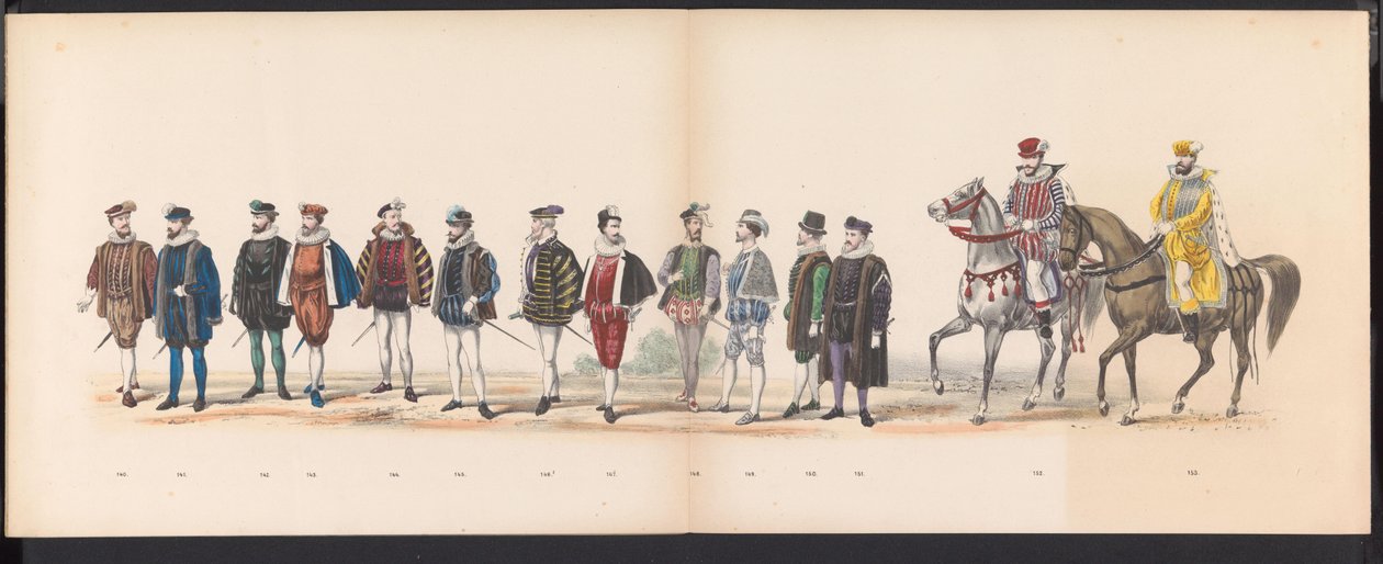 Masquerade of the Leiden Students, 1870 (skylt 12) Klädd procession som hölls av medlemmarna i Leidens studentkår den 7 juni 1870, för att fira 295-årsjubileet av Leidsche Hoogeschool, föreställande ett besök i Leiden i av Gerardus Johannes Bos