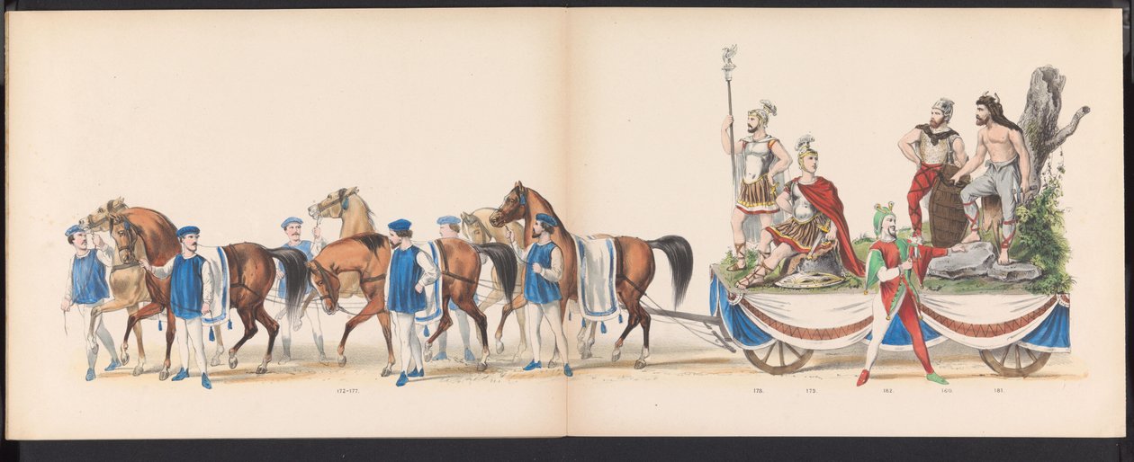 Masquerade of the Leiden Students, 1870 (skylt 15) Klädd procession som hölls av medlemmarna i Leidens studentkår den 7 juni 1870, för att fira 295-årsjubileet av Leidsche Hoogeschool, representerande ett besök i Leiden i av Gerardus Johannes Bos