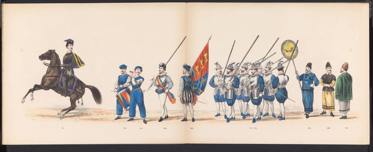 Masquerade of the Leiden Students, 1870 (skylt 16) Klädd procession som hölls av medlemmarna i Leidens studentkår den 7 juni 1870, för att fira 295-årsjubileet av Leidsche Hoogeschool, föreställande ett besök i Leiden i av Gerardus Johannes Bos