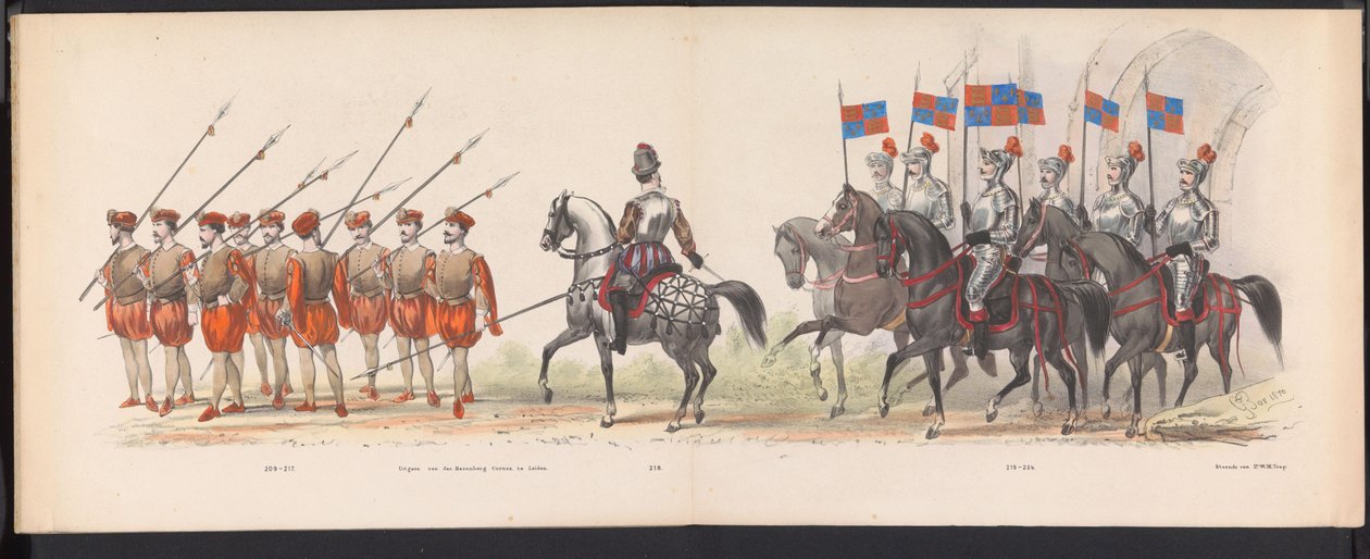 Masquerade of the Leiden Students, 1870 (skylt 18) Klädd procession som hölls av medlemmarna i Leidens studentkår den 7 juni 1870, för att fira 295-årsjubileet av Leidsche Hoogeschool, representerande ett besök i Leiden i av Gerardus Johannes Bos