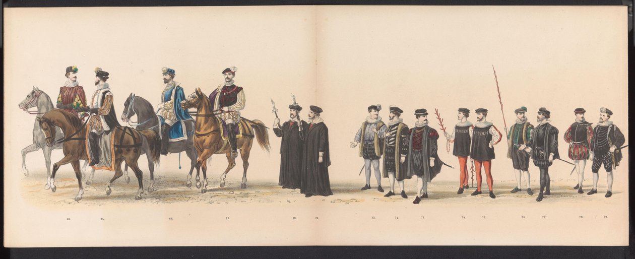 Masquerade of the Leiden Students, 1870 (skylt 6) Klädd procession som hölls av medlemmarna i Leidens studentkår den 7 juni 1870, för att fira 295-årsjubileet av Leidsche Hoogeschool, föreställande ett besök i Leiden i av Gerardus Johannes Bos