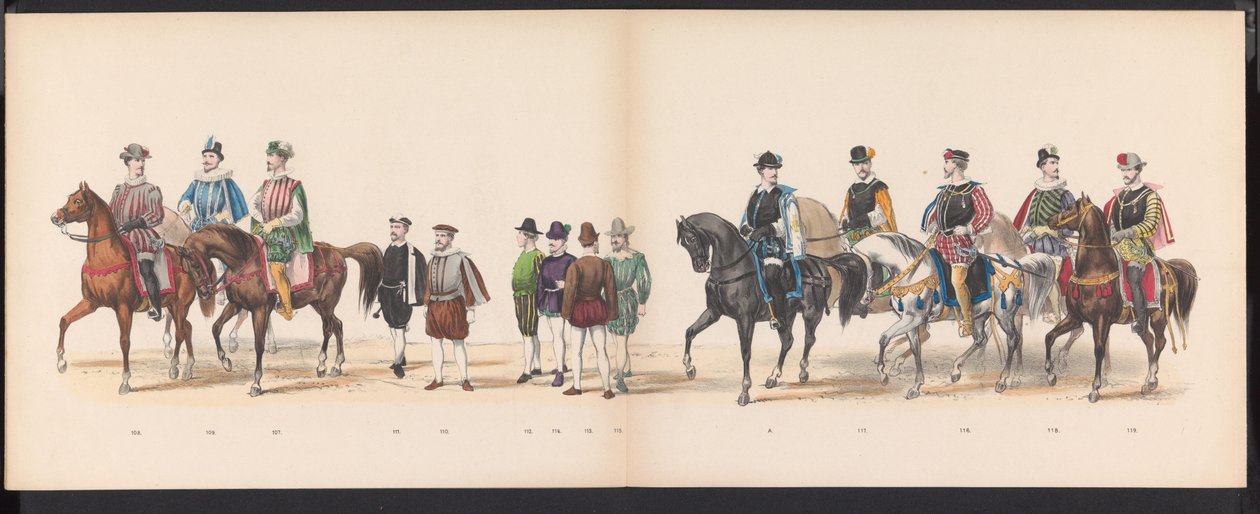Masquerade of the Leiden Students, 1870 (skylt 9) Klädd procession som hölls av medlemmarna i Leidens studentkår den 7 juni 1870, för att fira 295-årsjubileet av Leidsche Hoogeschool, föreställande ett besök i Leiden i av Gerardus Johannes Bos