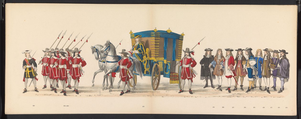 Leidenstudenternas maskerad, 1875 (skylt 18) Maskerad som hölls av medlemmarna i Leidens studentkår den 15 juni 1875 för att fira 300-årsjubileet av Leidsche Hoogeschool, som representerar Leidsche Hoogeschool, avbildad i av Gerardus Johannes Bos