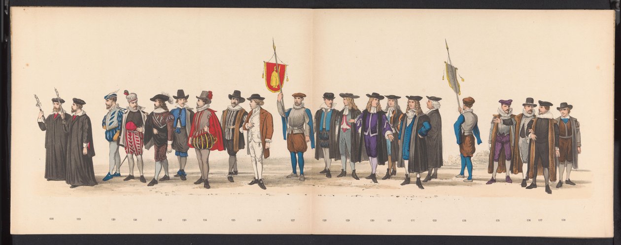 Masquerade of the Leiden Students, 1875 (skylt 8) Maskerad som hölls av medlemmarna i Leidens studentkår den 15 juni 1875 för att fira 300-årsjubileet av Leidsche Hoogeschool, som representerar Leidsche Hoogeschool, avbildad i av Gerardus Johannes Bos