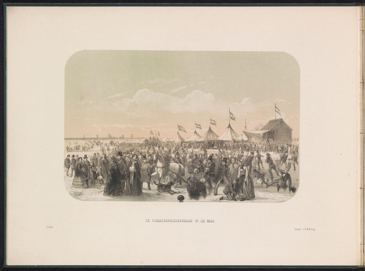 Skridskoåkning på Maas i Rotterdam, 1855 Skridskobanan på Maas (titel på objekt) Isunderhållning på Maas i Rotterdam i februari 1855, med bildtexter (serietitel på objekt) av Gerardus Johannes Bos