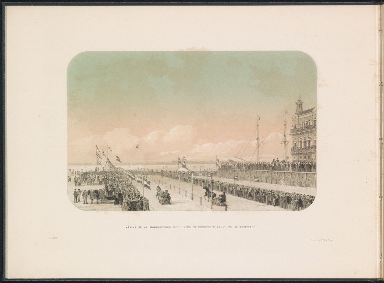 Race för häst och vagn på Maas i Rotterdam, 1855 Utsikt över selekapplöpningen med häst- och gycklarsläde, längs Willemskade (titel på objektet) Isunderhållningen på Maas i Rotterdam i februari 1855, med bildtexter (serietitel på objekt) av Gerardus Johannes Bos
