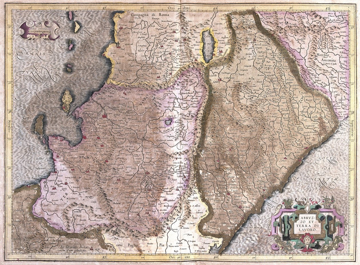 Abruzzo och Kampanien, Italien (gravyr av Gerardus Mercator