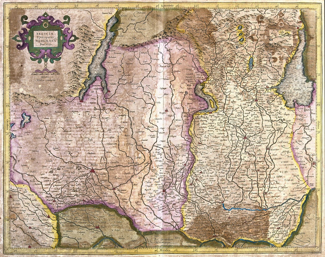 Brescia och Milano, Italien (gravyr av Gerardus Mercator