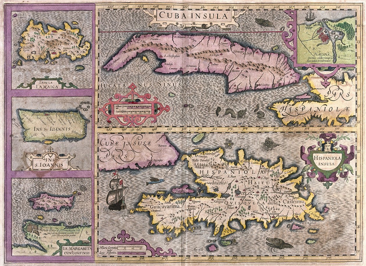 Kuba, Jamaica, Haiti, Puerto Rico (Karibien) (gravyr av Gerardus Mercator