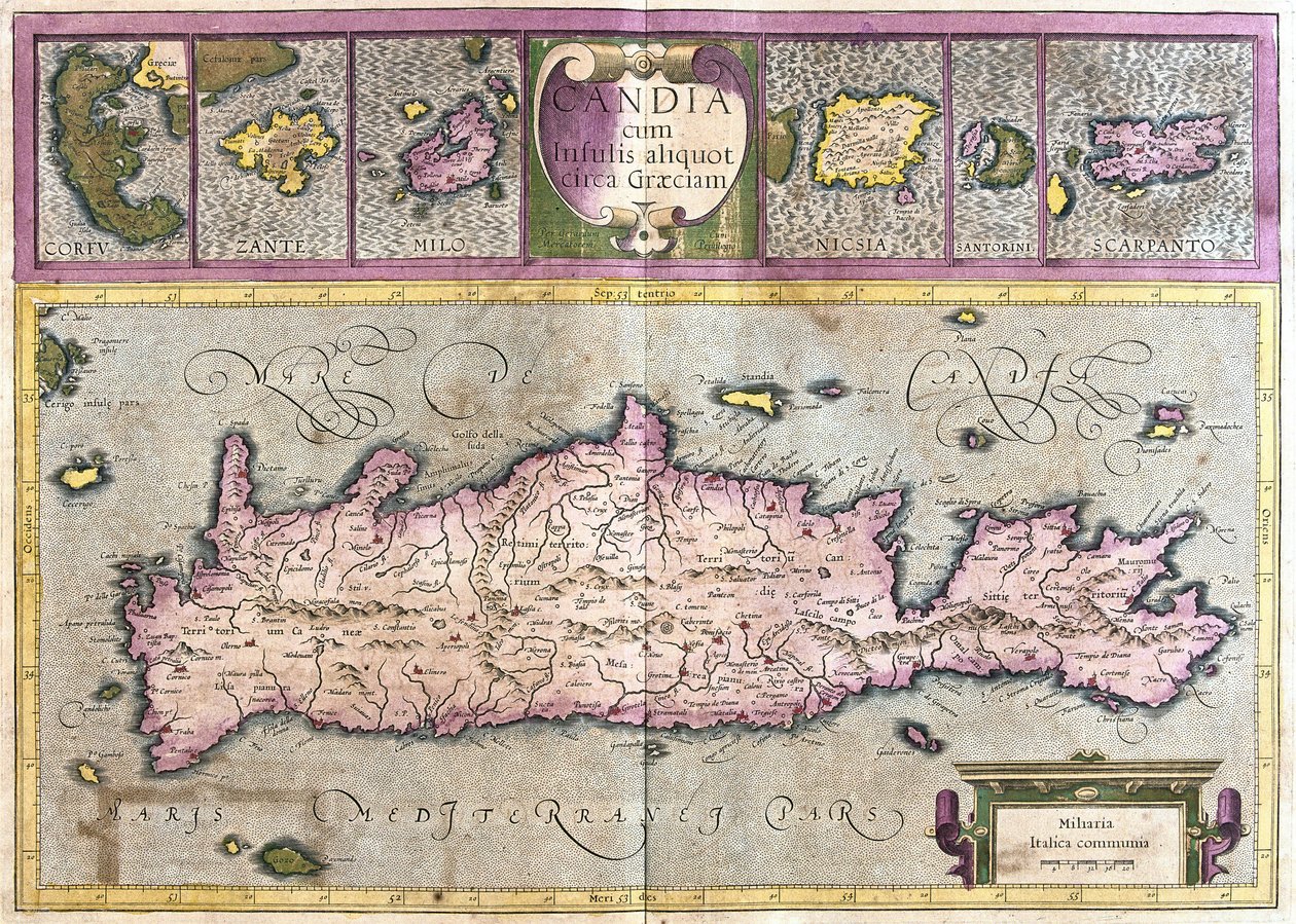 Cypern och Greklands öar (Korfu, Zante, Milo, Santorini, Karpathos) (gravyr av Gerardus Mercator