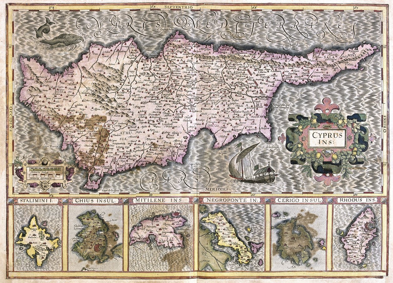 Cypern och öarna Stalimini (Lemnos) Chios, Mitilene, Negroponte, Cerigo och Rhodus (gravyr av Gerardus Mercator