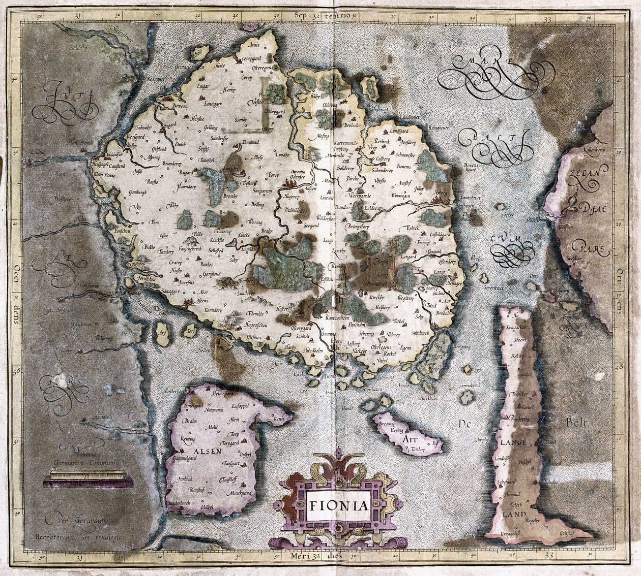 Danmark (ön Langeland med Odense) (gravyr av Gerardus Mercator