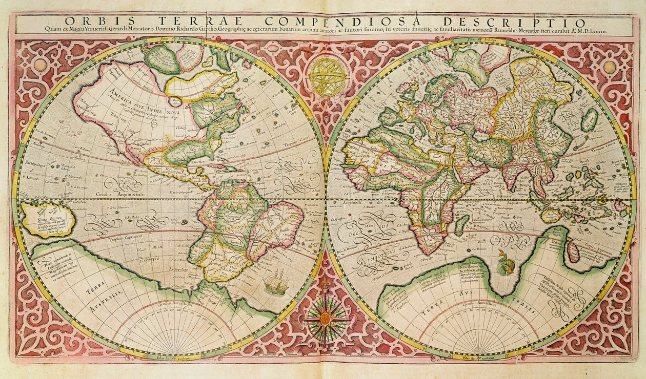 Världskarta med dubbelt halvklot, 1587 av Gerardus Mercator
