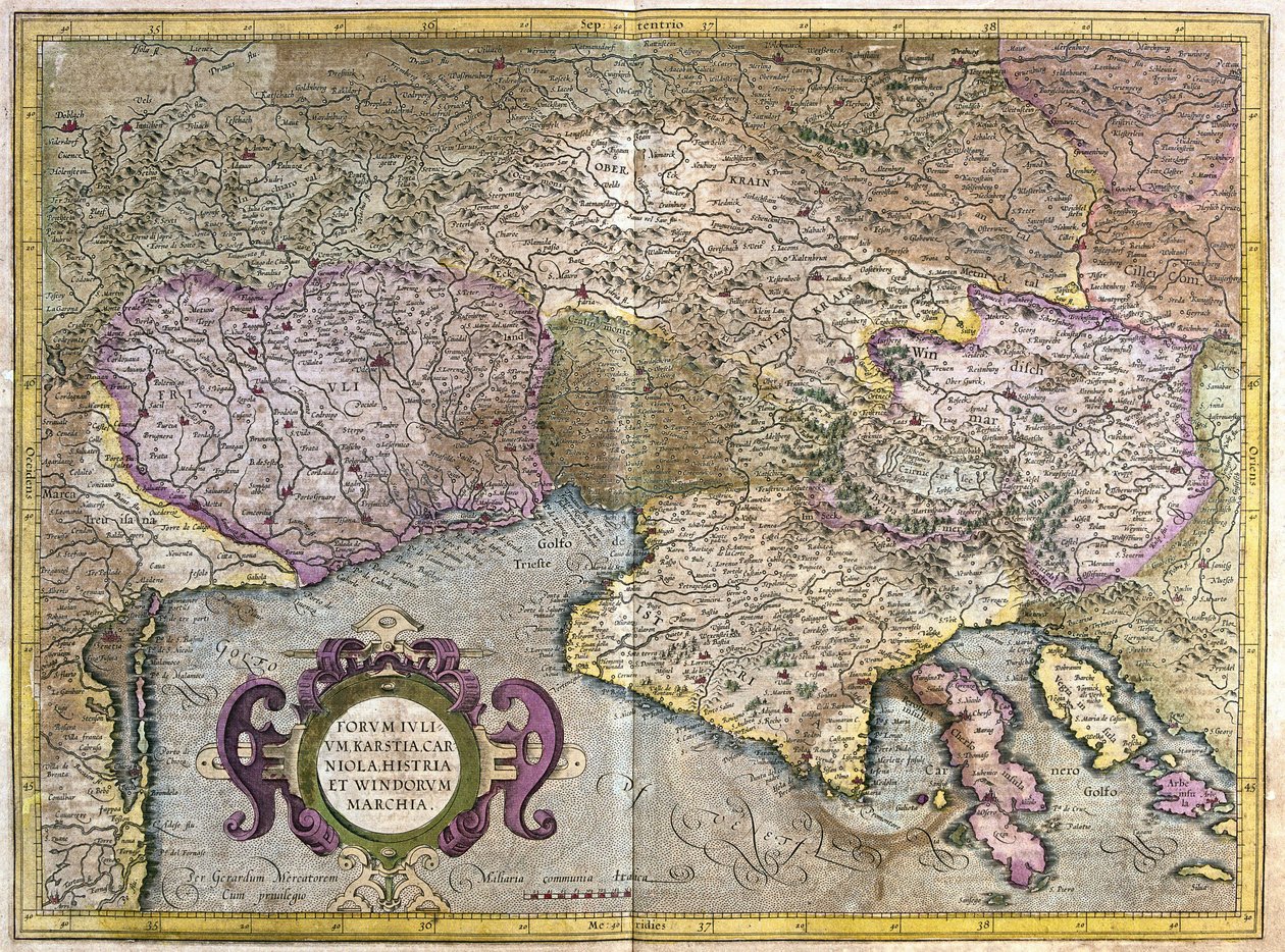 Friuli, Italien - Slovenien (Istrien) med Triestebukten och Balkan (gravyr av Gerardus Mercator