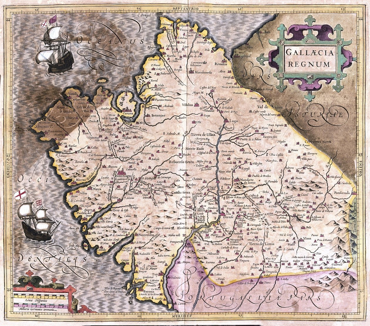Galicien, Santiago de Compostela, Monforte de Lemos, nordvästra Spanien (gravyr av Gerardus Mercator