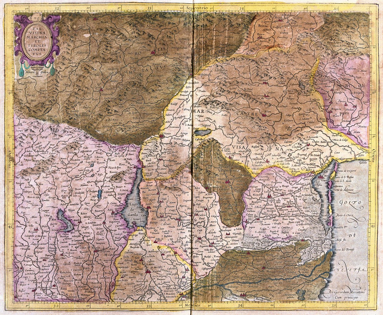 Venedigbukten till Tirol, centrerad på Lago di Garda och Verona, Italien (gravyr av Gerardus Mercator