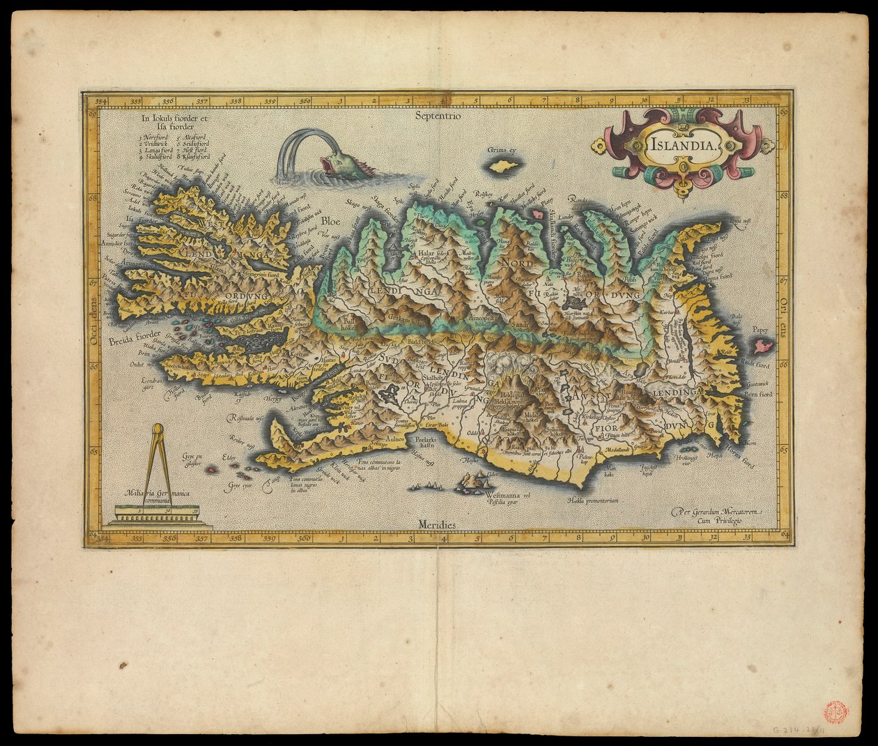 Islandia, Per Gerardum Mercatorem cum privilegio, ca 1595 (bläck, akvarell, gravyr, papper) av Gerardus Mercator