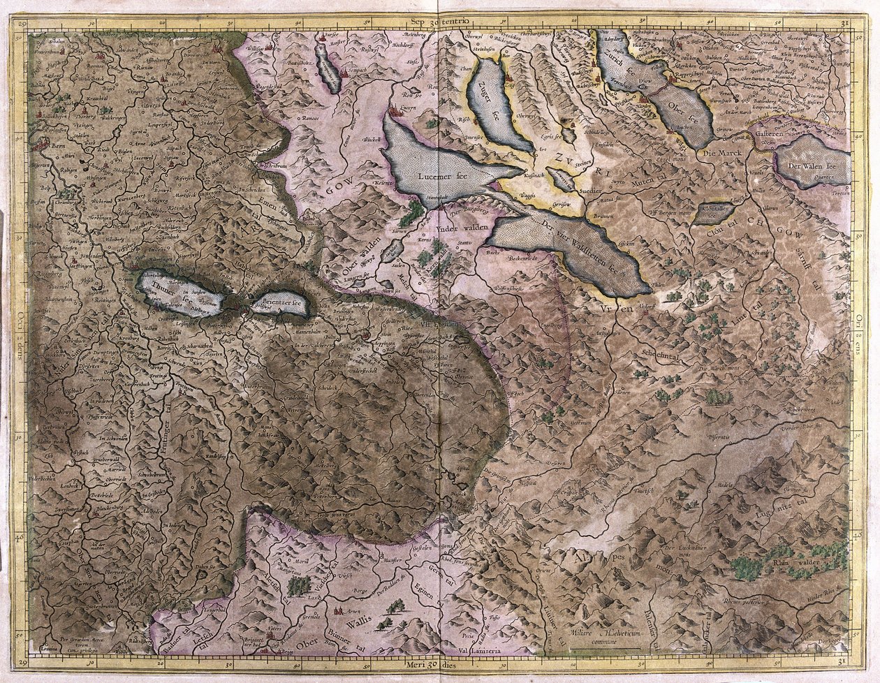 Sjöar i Schweiz (gravyr av Gerardus Mercator