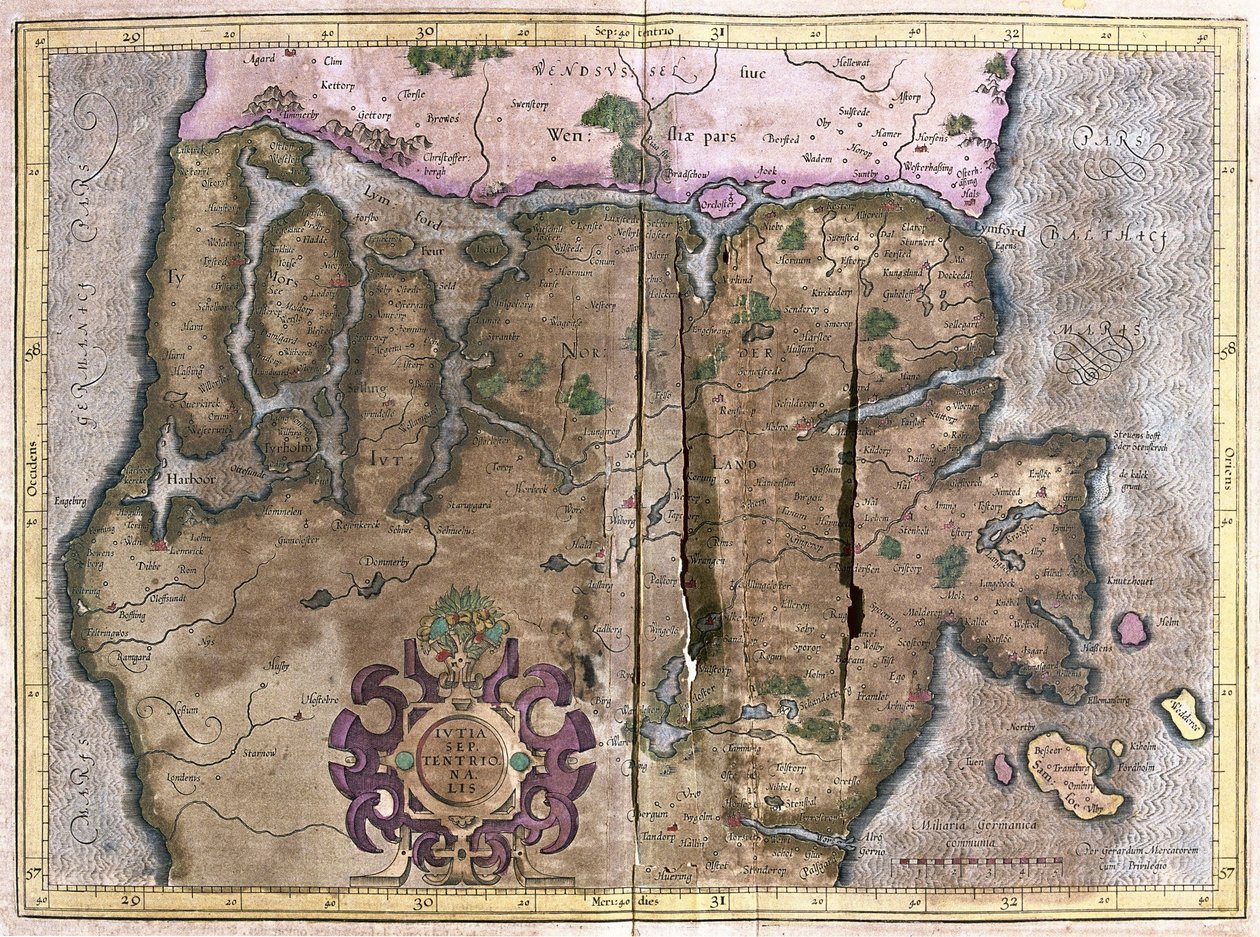 Norra delen av Jylland, Skandinavien (gravyr av Gerardus Mercator