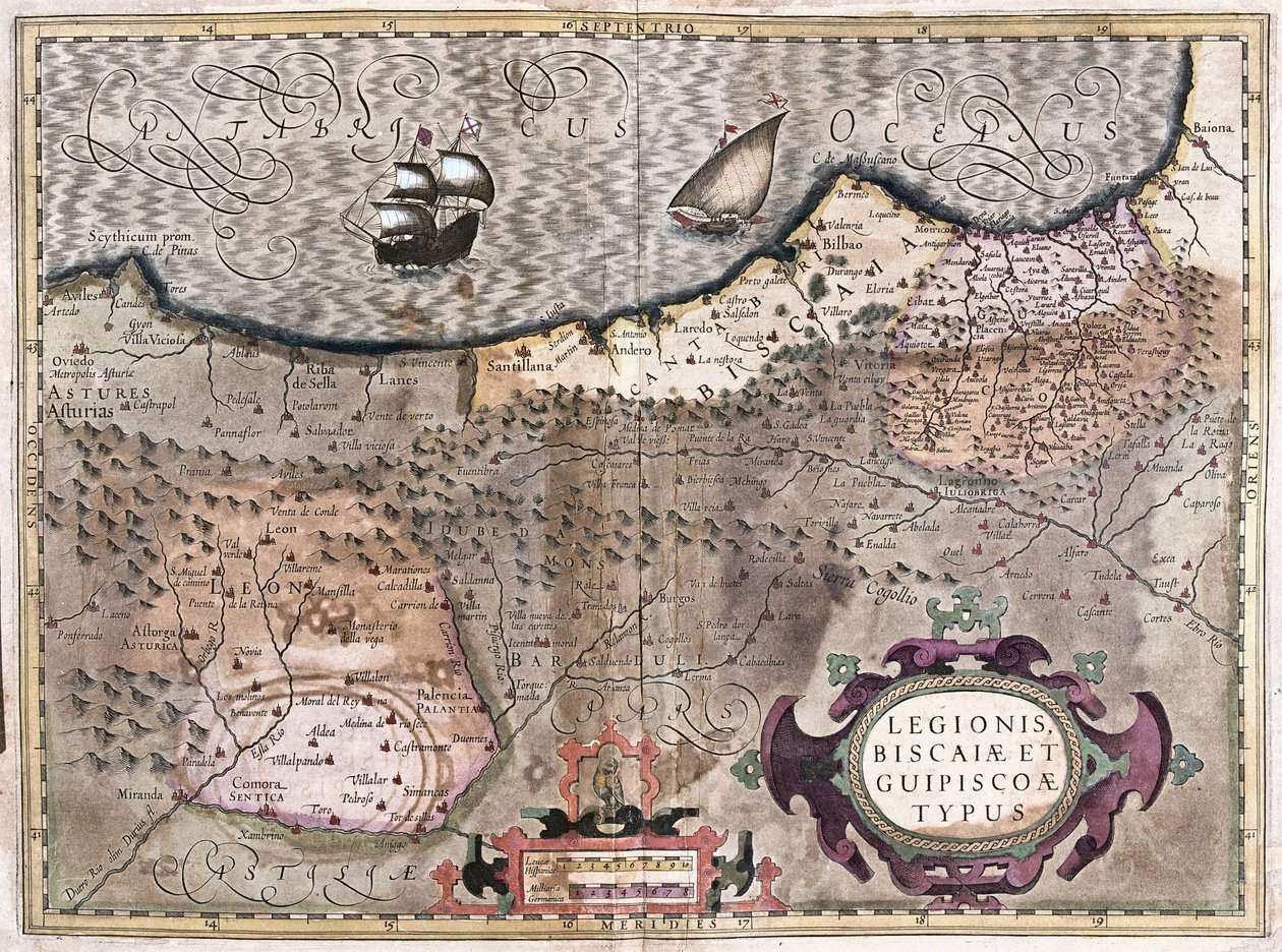 Oviedo, Burgos, Bilbao, Bayonne (Asturien), Spanien (gravyr av Gerardus Mercator
