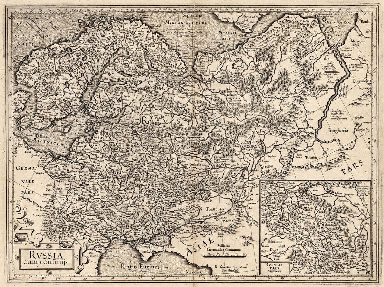 Ryssland cum Confinijs. Karta över Ryssland, 1587. av Gerardus Mercator