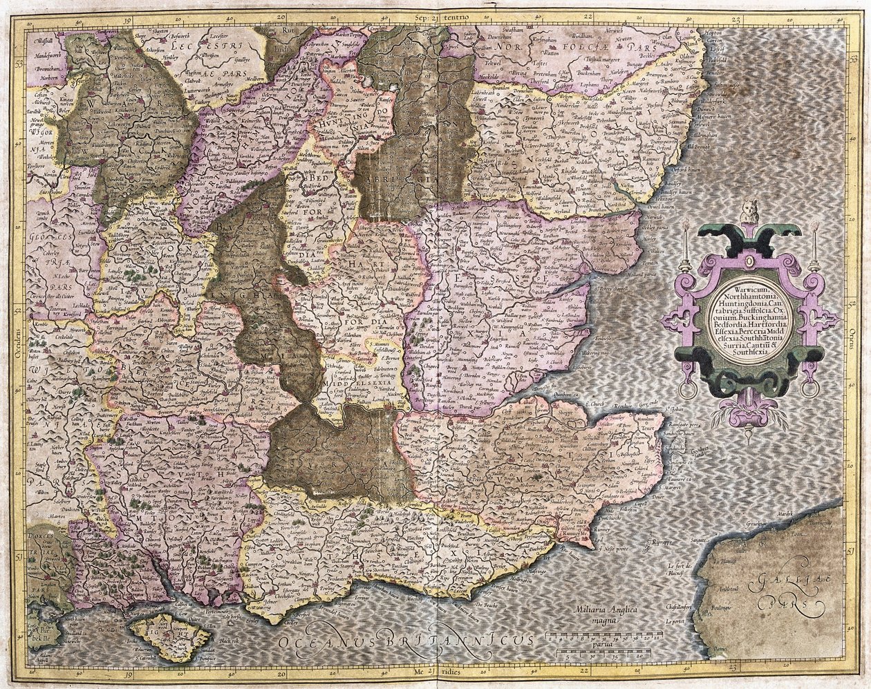 Southeast region of England inklusive British Channel och London (gravyr av Gerardus Mercator