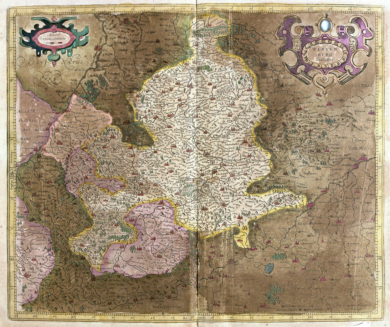 Württemberg, södra Tyskland (gravyr av Gerardus Mercator