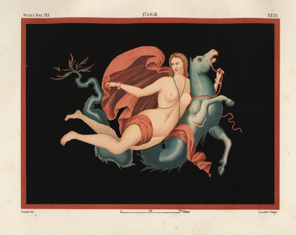 En Nereid (havsnymf) i mantel och armband som rider på ett havsmonster eller hippocampus, hälften häst och hälften fisk. Museo Naz. XXII, Stabiae. Ritad och kromolitografi av Victor Steeger från Emile Presuhn (1844-1878) De vackraste målningarna av Pompeji av Geremia Discanno