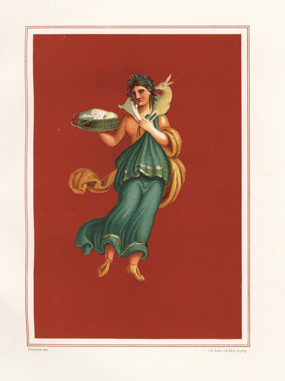 Allegorisk väggmålning av våren från västra sidan av atriumet i Regio IX.V.11. Hon håller en ostkorg och bär ett lamm över sina axlar. Kromolitografi av J.G. Bach efter en illustration av Geremia Discanno från Emile Presuhn (1844-1878) av Geremia Discanno