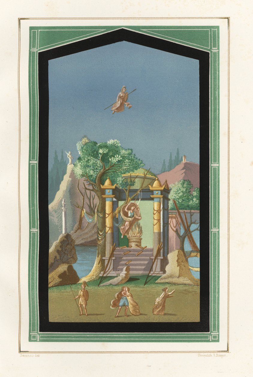 Landskapsmålning från Exedra i huset av Vesonius Primus, en fyllare. Kromolitografi av Victor Steeger efter en illustration av Geremia Discanno från Emile Presuhn (1844-1878) De vackraste målningarna i Pompeji, Leipzig av Geremia Discanno