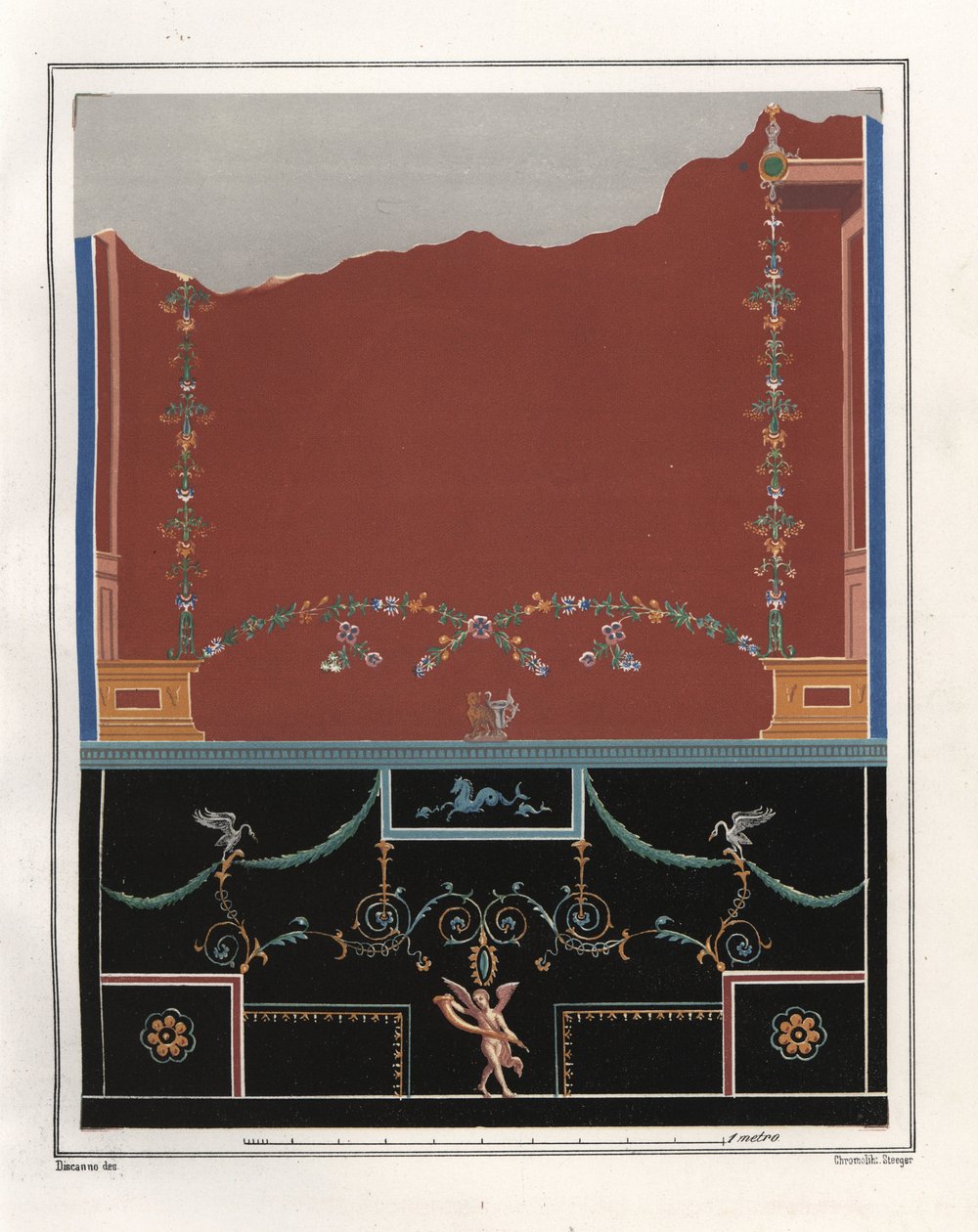Väggmålning från ett atrium i Tryptolemus hus. VI, Ins. VII, nr 18. Kromolitografi av Victor Steeger efter en illustration av Geremia Discanno från Emile Presuhn (1844-1878) Pompejis vackraste målningar, Leipzig av Geremia Discanno