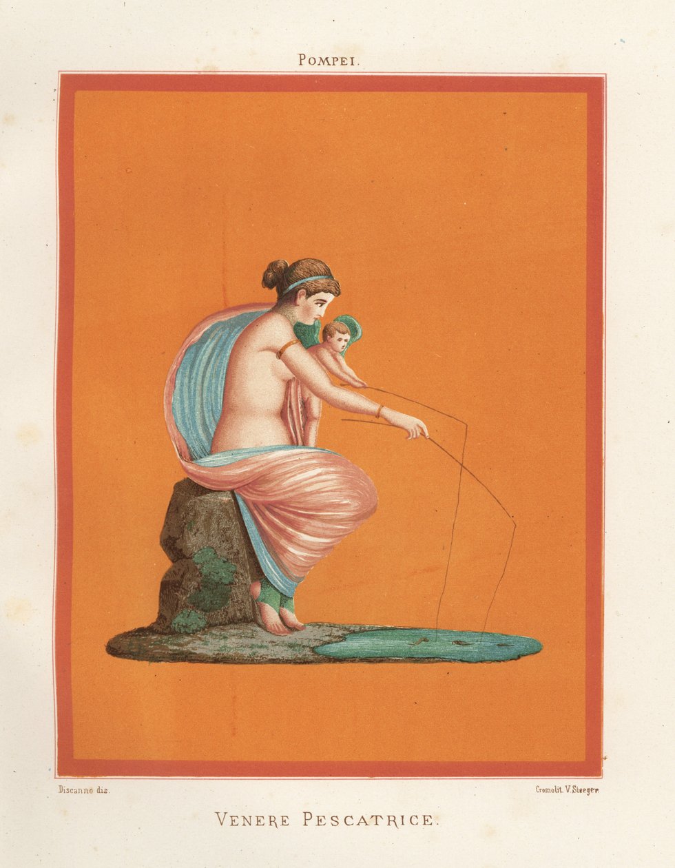 Väggmålning av Venus och cupidfiske med spön från en damm. Finns i Regio V.V.3, Gladiatorernas hus. Kromolitografi av Victor Steeger efter en illustration av Geremia Discanno från Emile Presuhn (1844-1878) De vackraste målningarna av Pompeji, av Geremia Discanno
