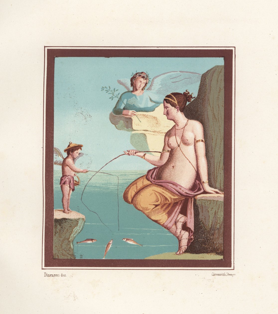 Väggmålning av Venus och cupidfiske med spön från havet. Finns i Regio VI.XIV.28, Taberna Lusoria. Kromolitografi av Victor Steeger efter en illustration av Geremia Discanno från Emile Presuhn (1844-1878) De vackraste målningarna av Pompeji, Lei av Geremia Discanno