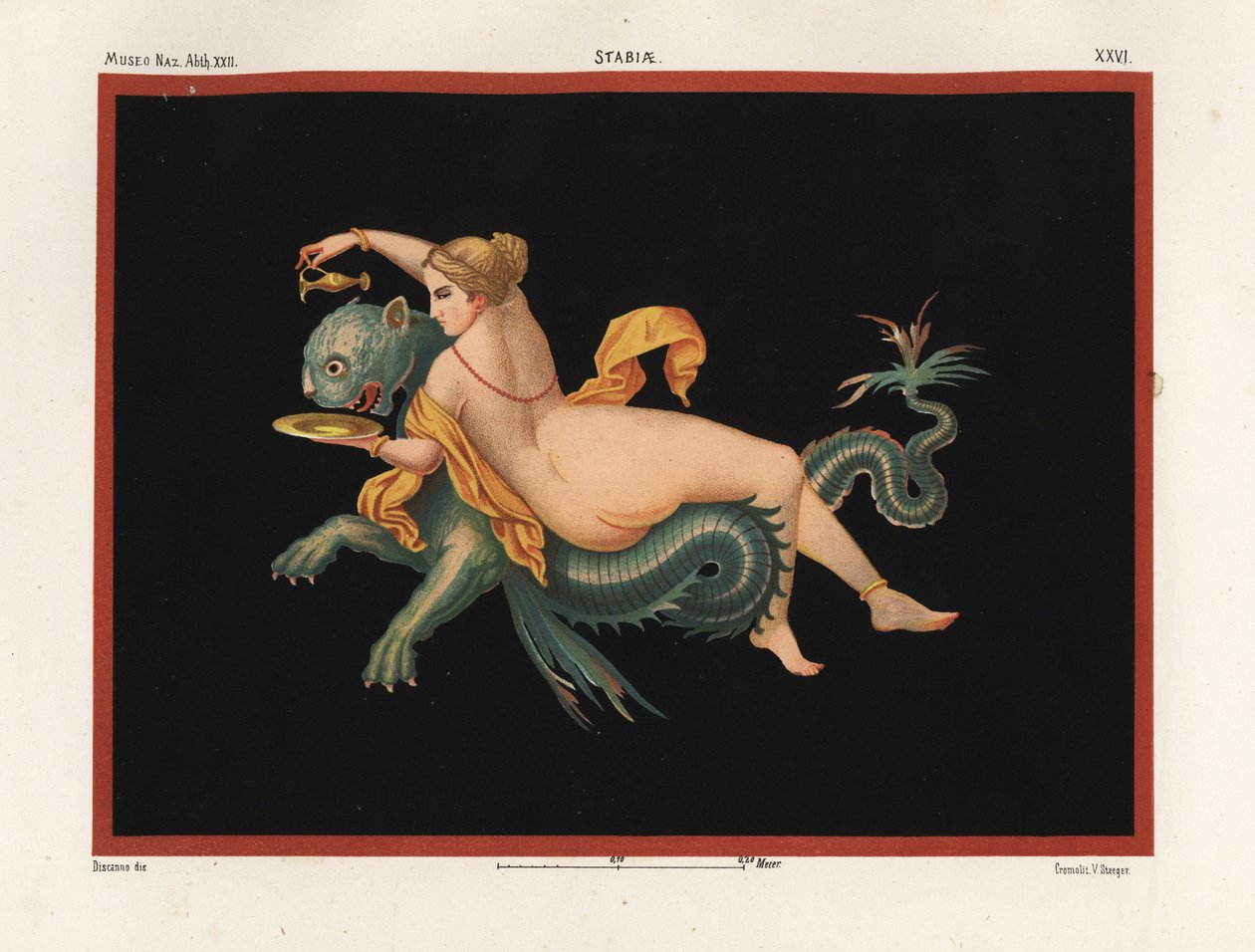 Nereid havsnymf stödd av ett monster, hälften panter och hälften fisk. Museo Naz. XXII, Stabiae. Kromolitografi av Victor Steeger efter en illustration av Geremia Discanno från Emile Presuhn (1844-1878) De vackraste målningarna i Pompeji, Leipzig av Geremia Discanno