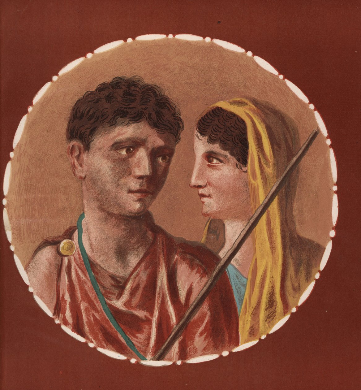 Porträtt av en man och kvinna från ett oidentifierat hus i Pompeji. Kromolitografi av Victor Steeger efter en illustration av Geremia Discanno från Emile Presuhn (1844-1878) De vackraste målningarna i Pompeji, Leipzig av Geremia Discanno