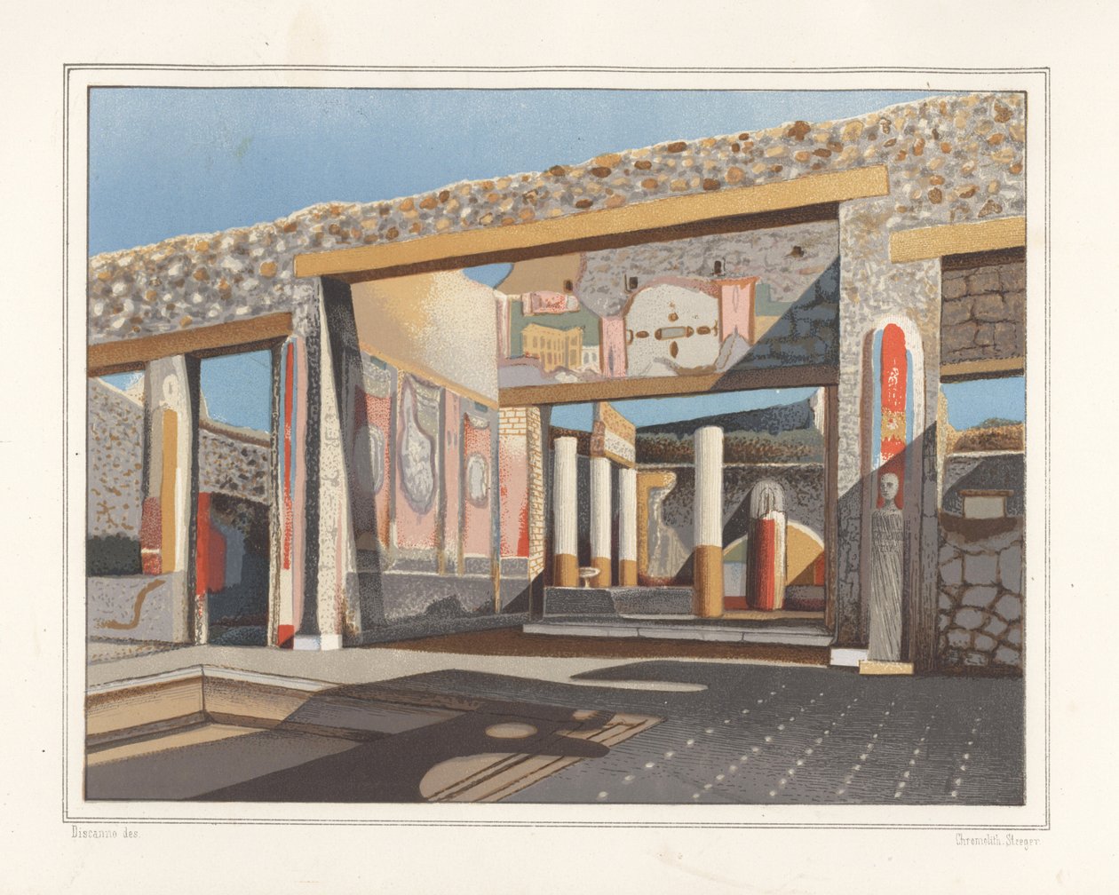 Utsikt över tablinum, ett rum utanför atriumet, i bankiren Lucius Caecilis Iucundus hus, Reg V, Ins 1, 26. Kromolitografi av Victor Steeger efter en illustration av Geremia Discanno från Emile Presuhn (1844-1878) Den vackraste Målningar av av Geremia Discanno