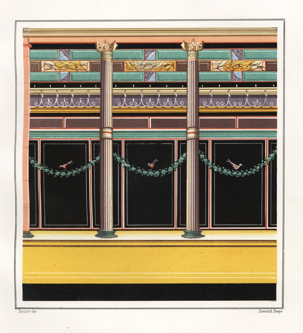 Väggmålning från ett rum i Epigrammens hus. V, Ins. 1, nr 18. Kromolitografi av Victor Steeger efter en illustration av Geremia Discanno från Emile Presuhn (1844-1878) Pompejis vackraste målningar, Leipzig av Geremia Discanno