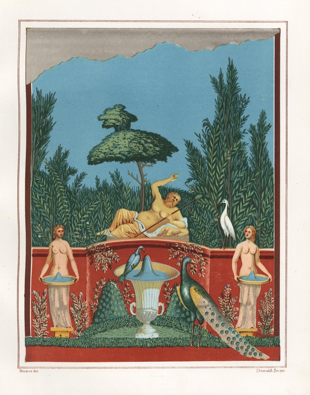 Väggmålning av Bacchus med påfåglar och fontäner från en trädgårdsvägg i Romulus och Remus hus, VII.VII.10. Kromolitografi av Victor Steeger efter en illustration av Geremia Discanno från Emile Presuhn (1844-1878) De vackraste målningarna av Geremia Discanno