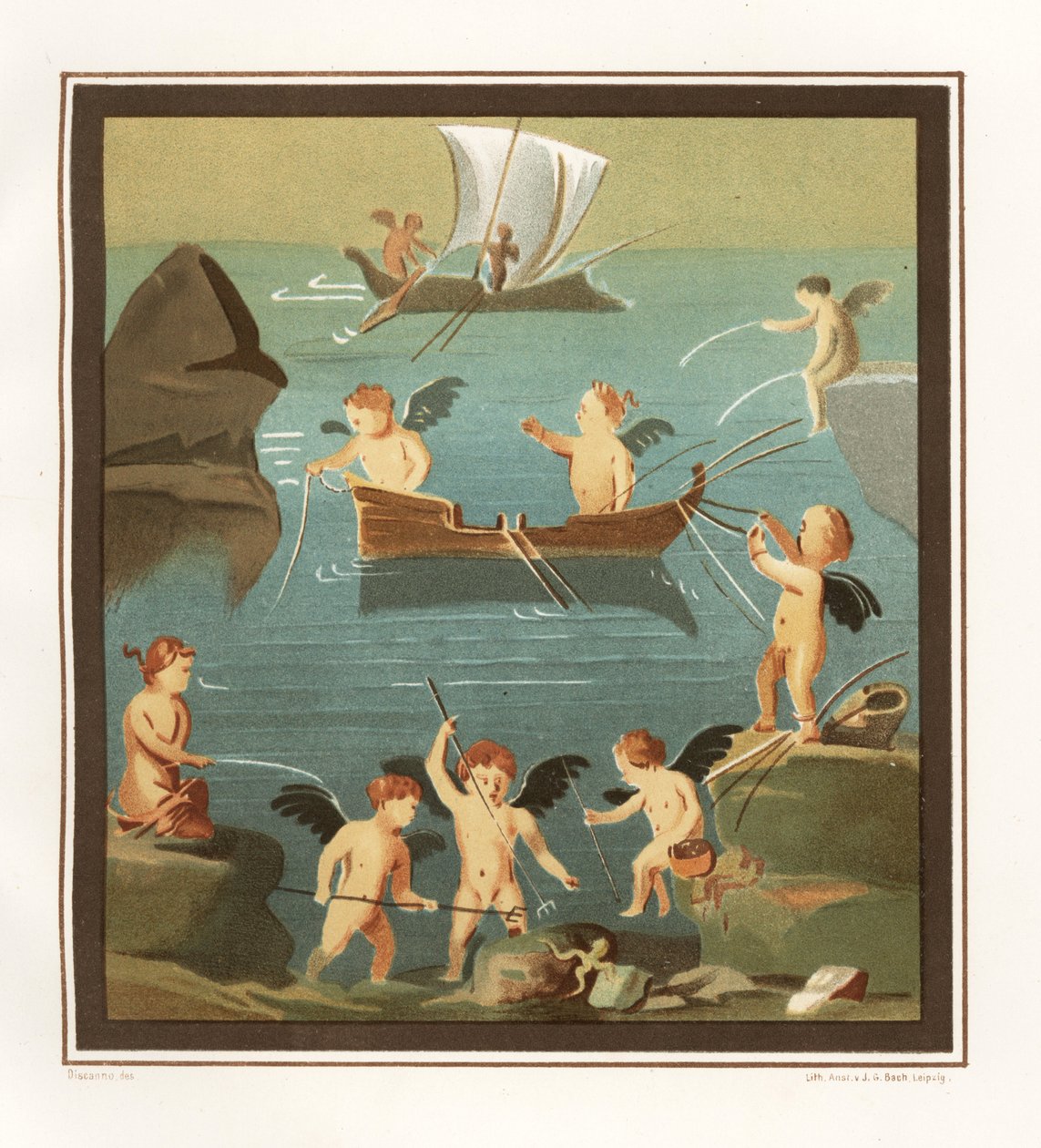 Väggmålning av amoror som leker, fiskar, seglar från en bås i restaurangens hus (Casa di Lupanare Piccolo) på 14, Regio IX, Insula V. Chromolithograph av J.G. Bach efter en illustration av Geremia Discanno från Emile Presuhn (1844-1878) T av Geremia Discanno