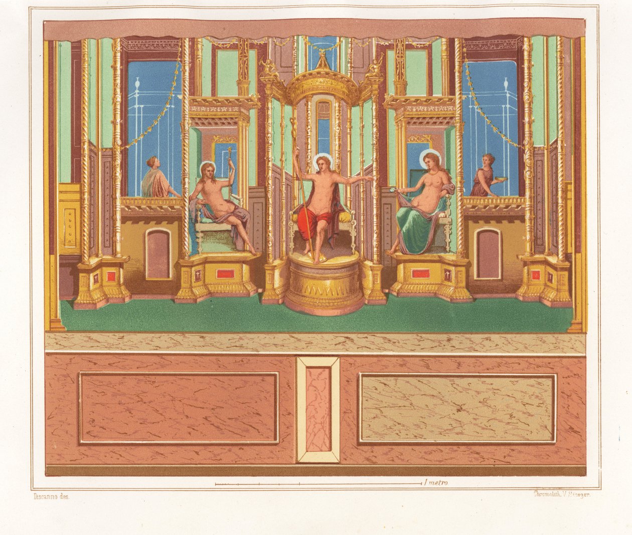 Väggmålning som visar Bacchus, Venus och Apollo från en avskild sittplats i ett hörn av en trädgård i Domus M. Herenulli Communis eller Apollos hus, Reg. VI, Ins. VII, nr 23. Kromolitografi av Victor Steeger efter en illustration av Geremia Discan av Geremia Discanno