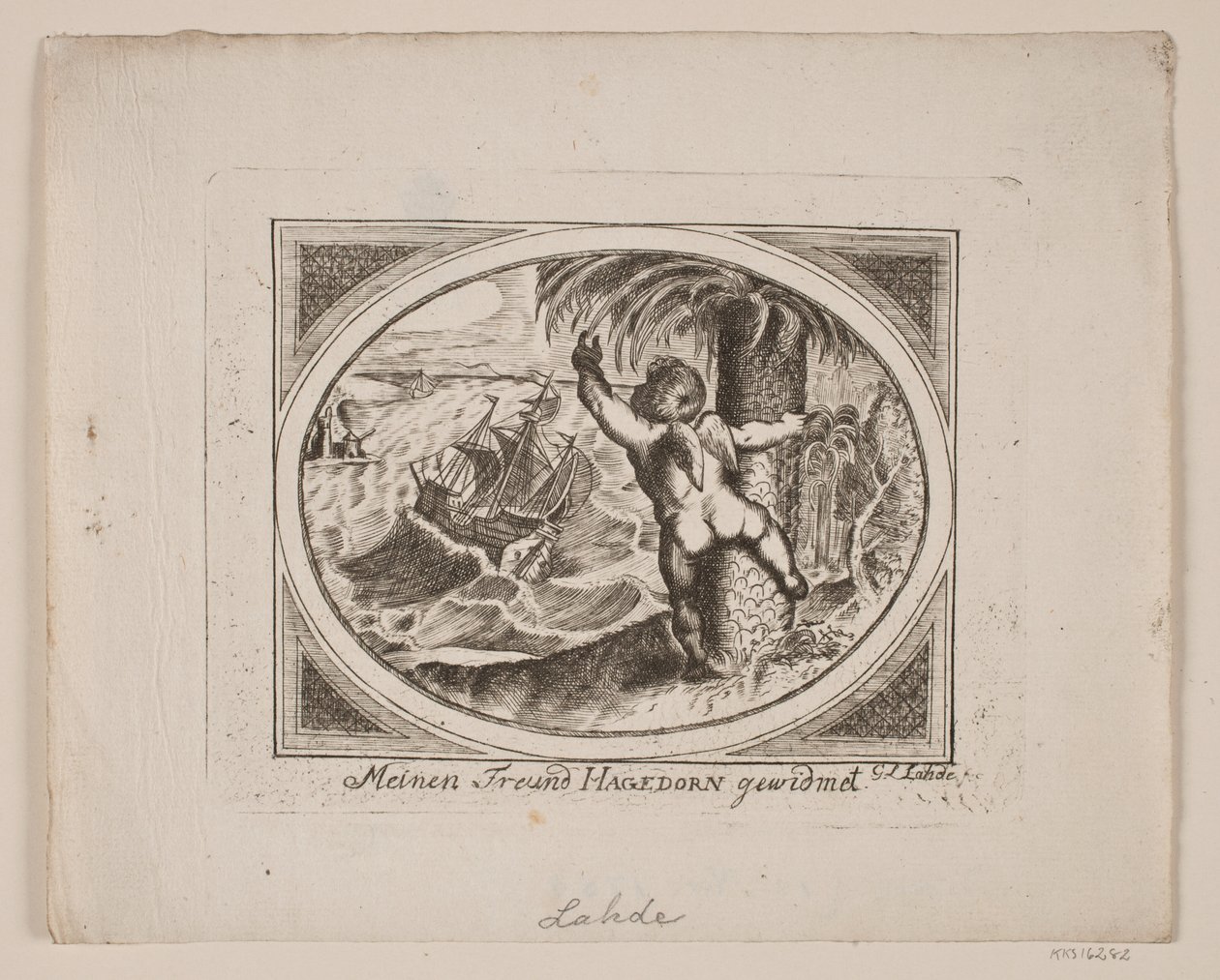Amor vid en palm som pekar bortom ett rasande hav. av Gerhard Ludvig Lahde