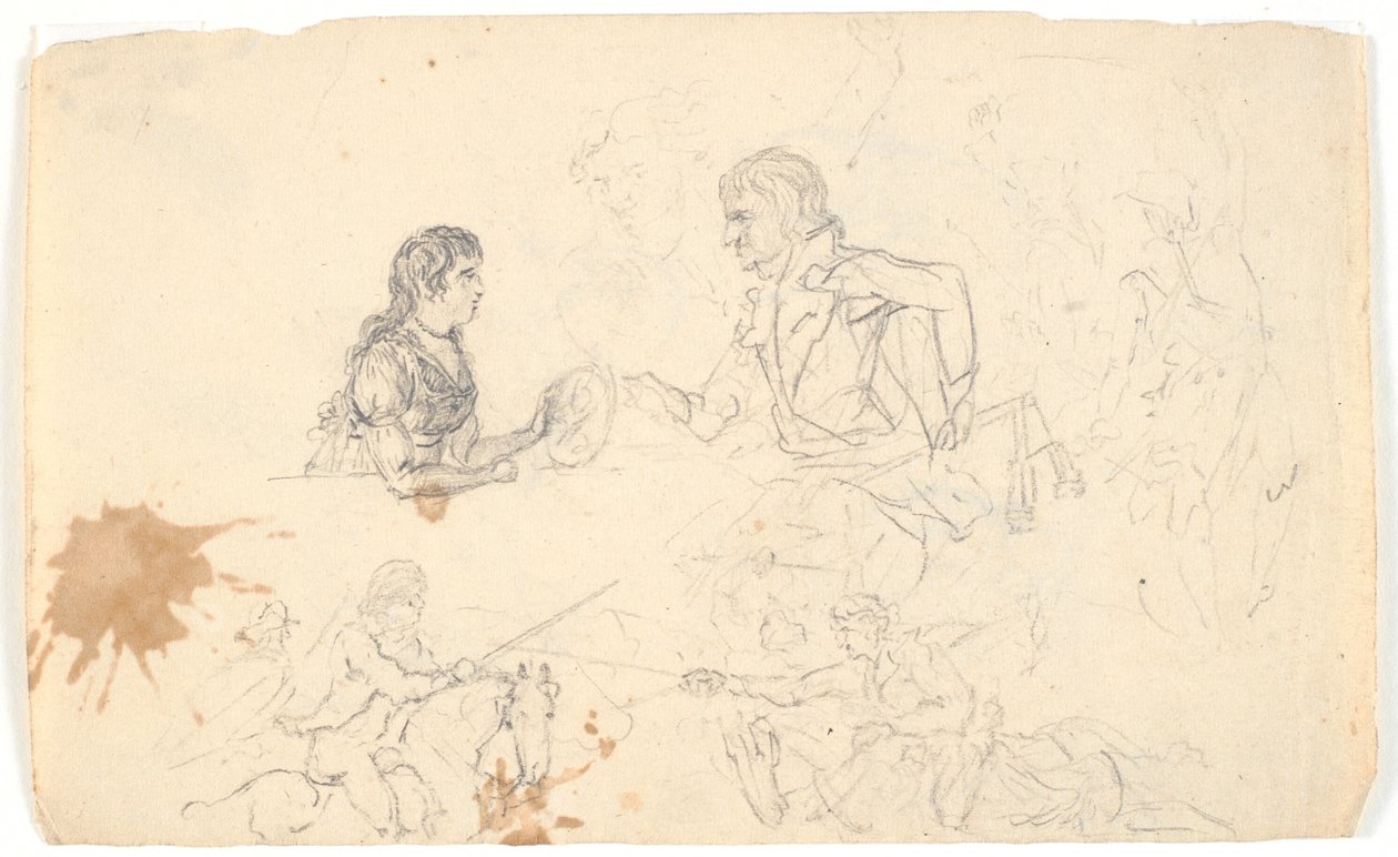 Arvprins Frederik med arvprinsen (Chr. VIII) och skisser av ryttare och figurer av Gerhard Ludvig Lahde