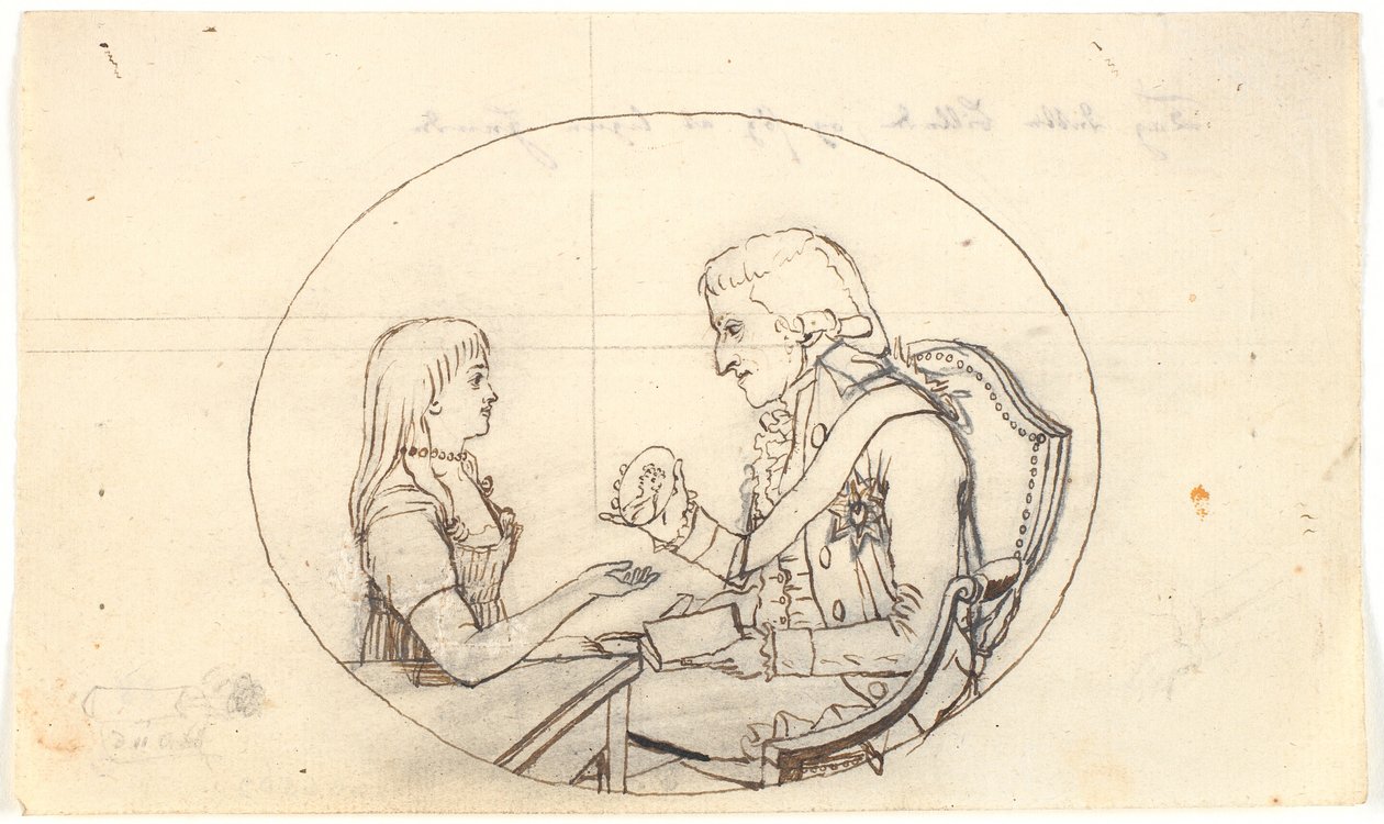 Kronprins Frederik med kronprinsen (Chr. VIII) visar ett porträtt av framlidna kronprinsessan Sofie Frederikke av Gerhard Ludvig Lahde