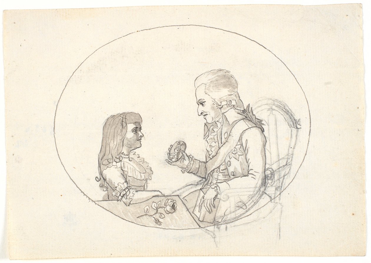 Kronprins Frederik med kronprinsen (Chr. VIII) visar ett porträtt av framlidna kronprinsessan Sofie Frederikke av Gerhard Ludvig Lahde