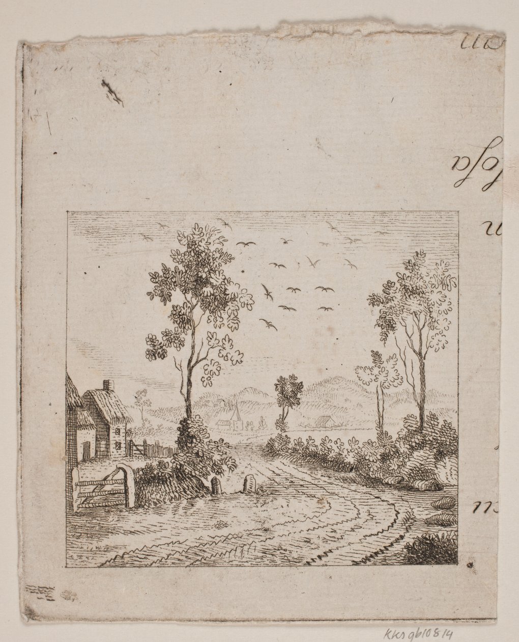 Landskap med hus vid väg med träd och flygande fåglar av Gerhard Ludvig Lahde