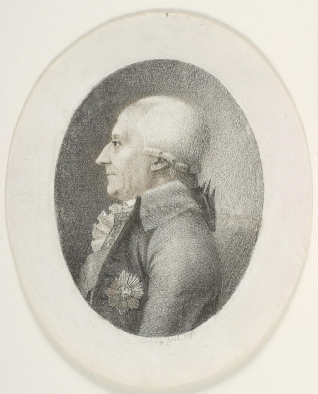 Porträtt av A.P. Bernstorff, greve, statsminister (1735-1797). Byst bild. Profil till vänster av Gerhard Ludvig Lahde