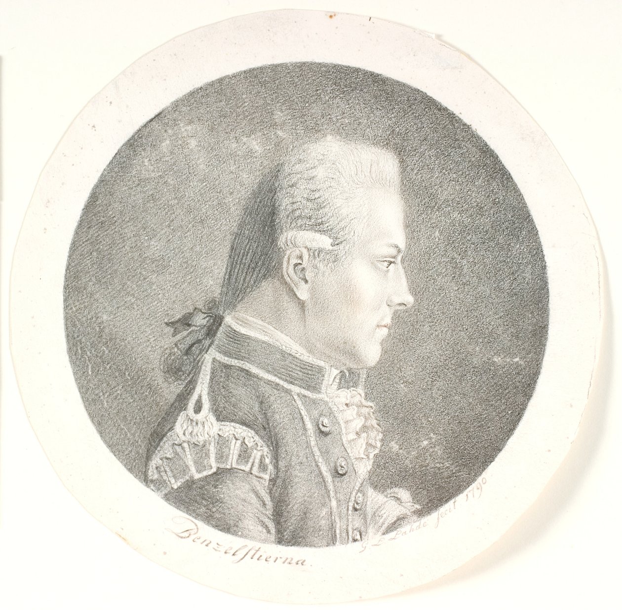 Porträtt av Lars Benzelstjerne, svensk sjöofficer (1759-1808). Byst bild. Profil till höger av Gerhard Ludvig Lahde