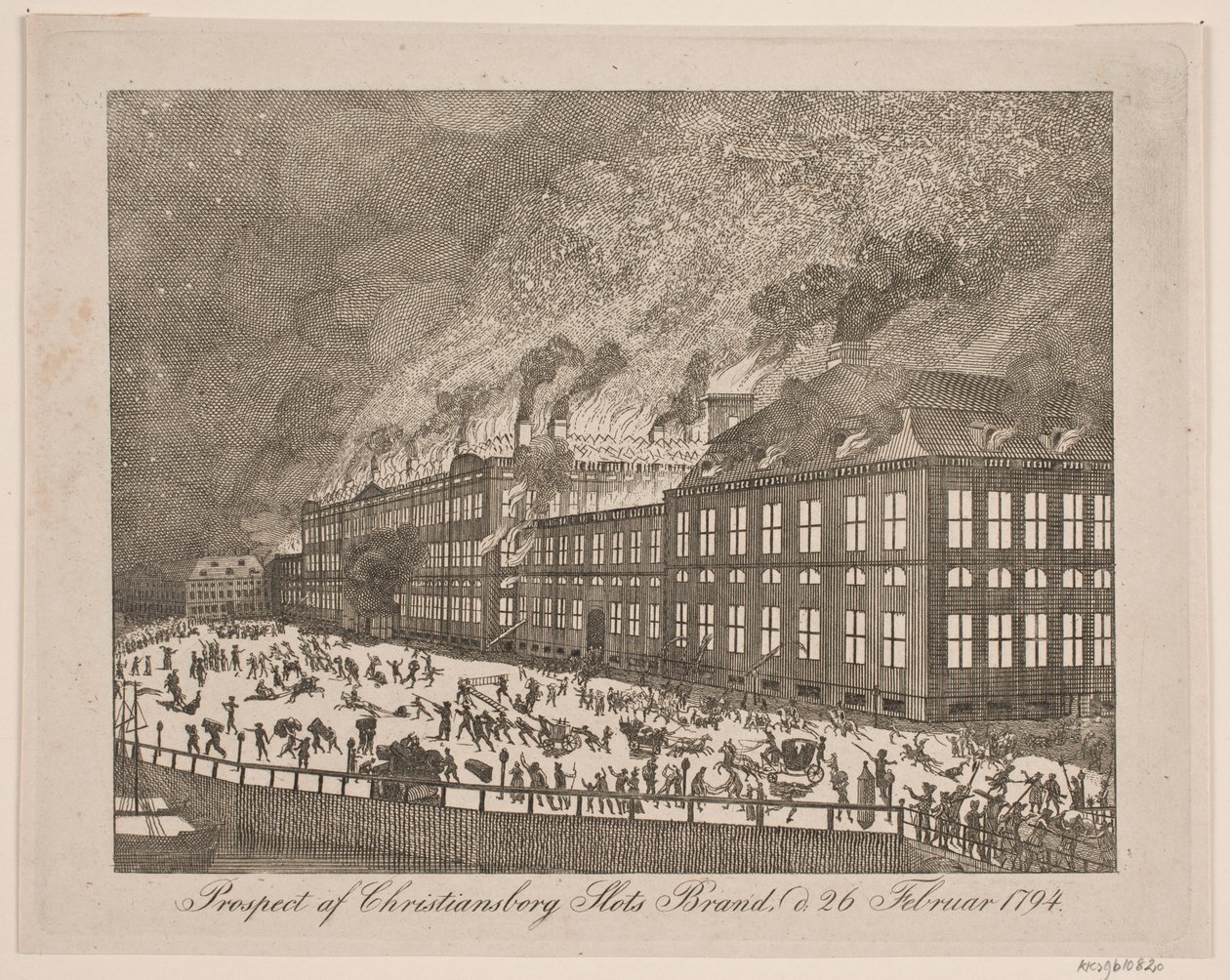 Prospekt över Christiansborgs slotts brand den 26 februari 1794 av Gerhard Ludvig Lahde