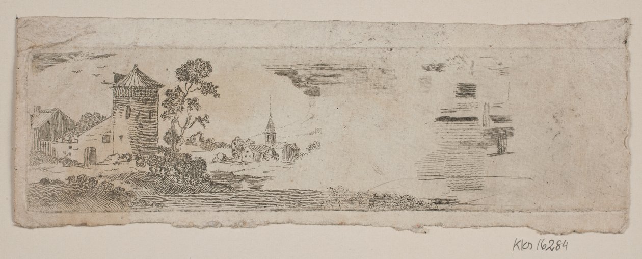 Provark av landskap med slott och kyrka av Gerhard Ludvig Lahde
